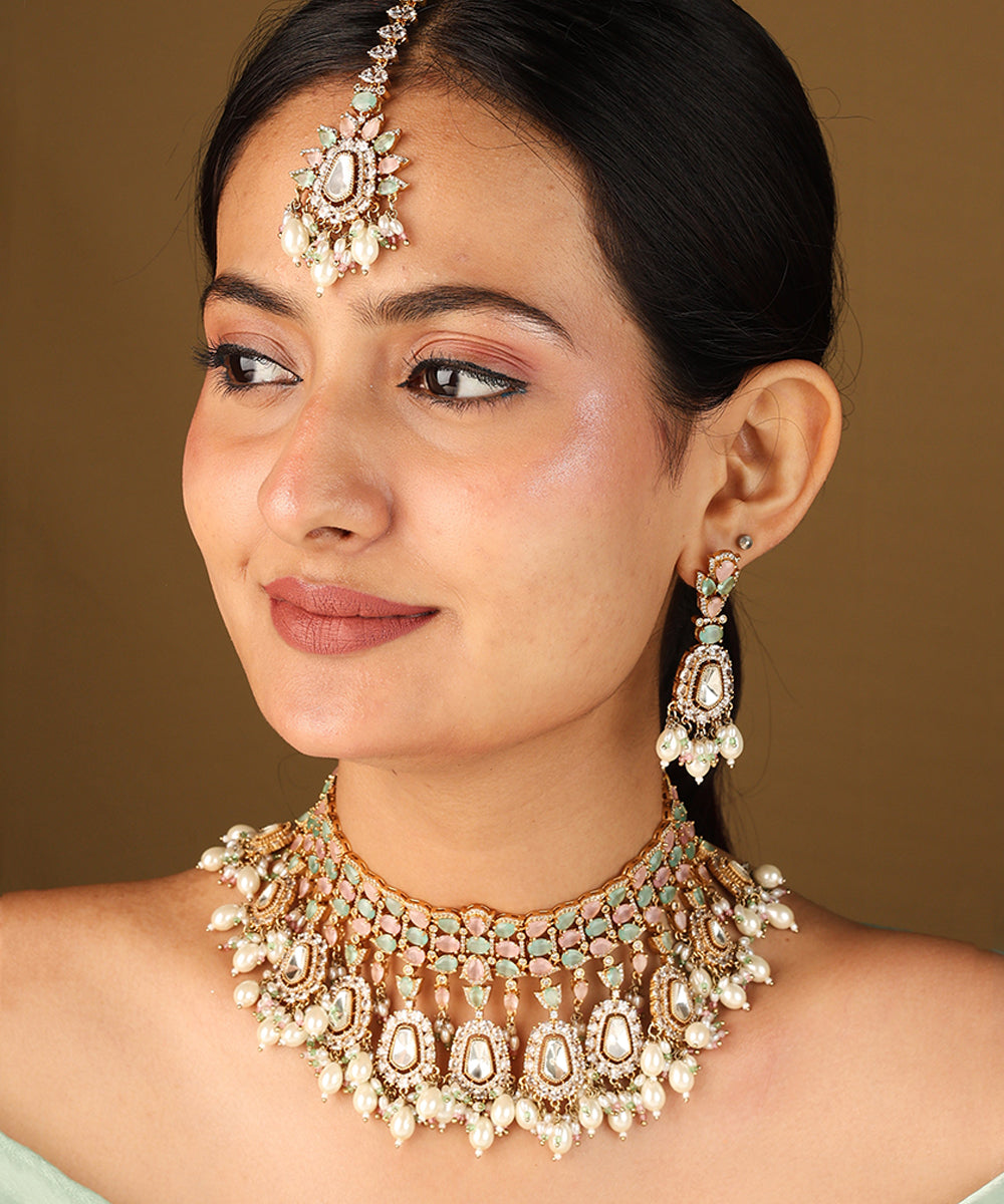 Pastel Colour Choker Necklace with American Stones for Bridal Look