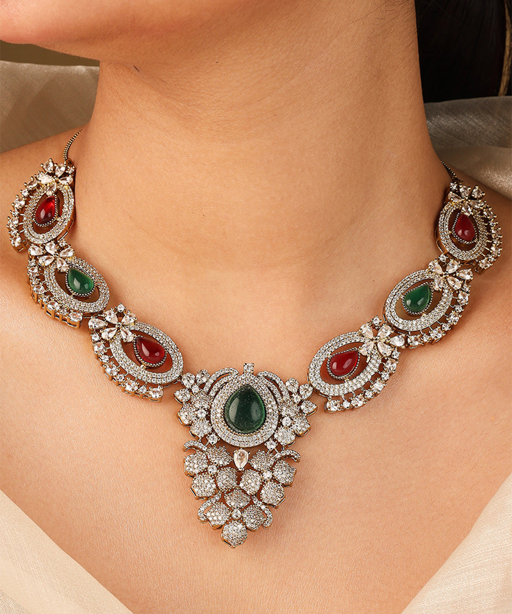 Statement Necklace Set with Red and Green Stones