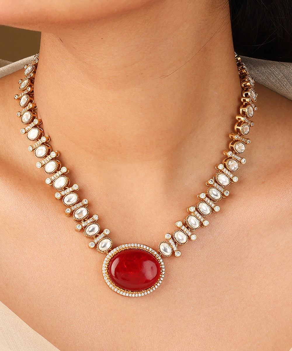 Kundan Necklace with Red Stone Pendant