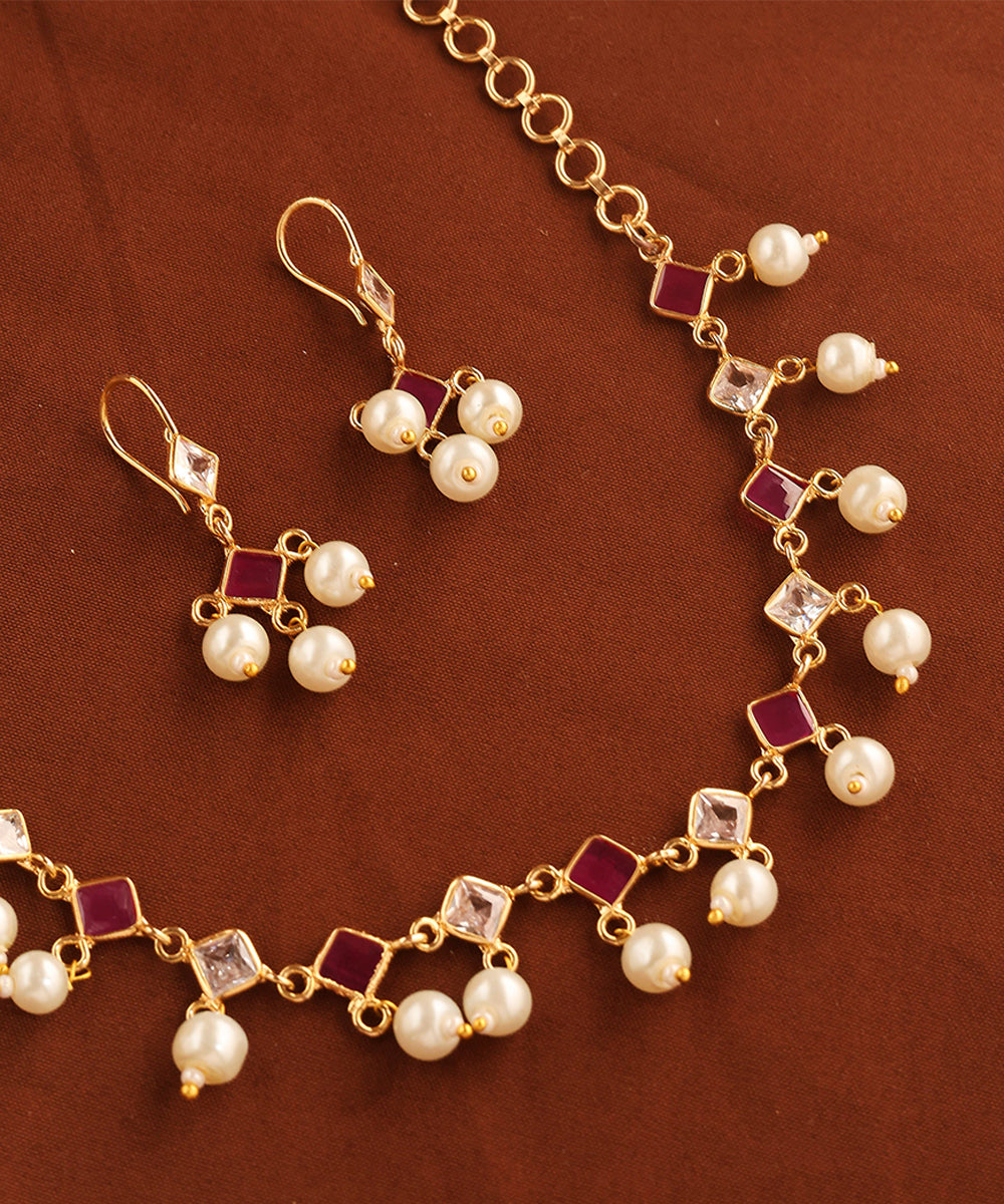 American Diamond Necklace with Pink Stones and Pearls