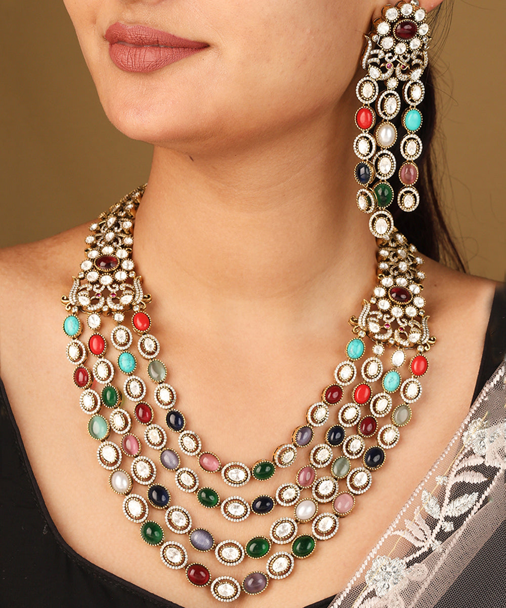 Layered Necklace with Navratan Stones Statement Piece