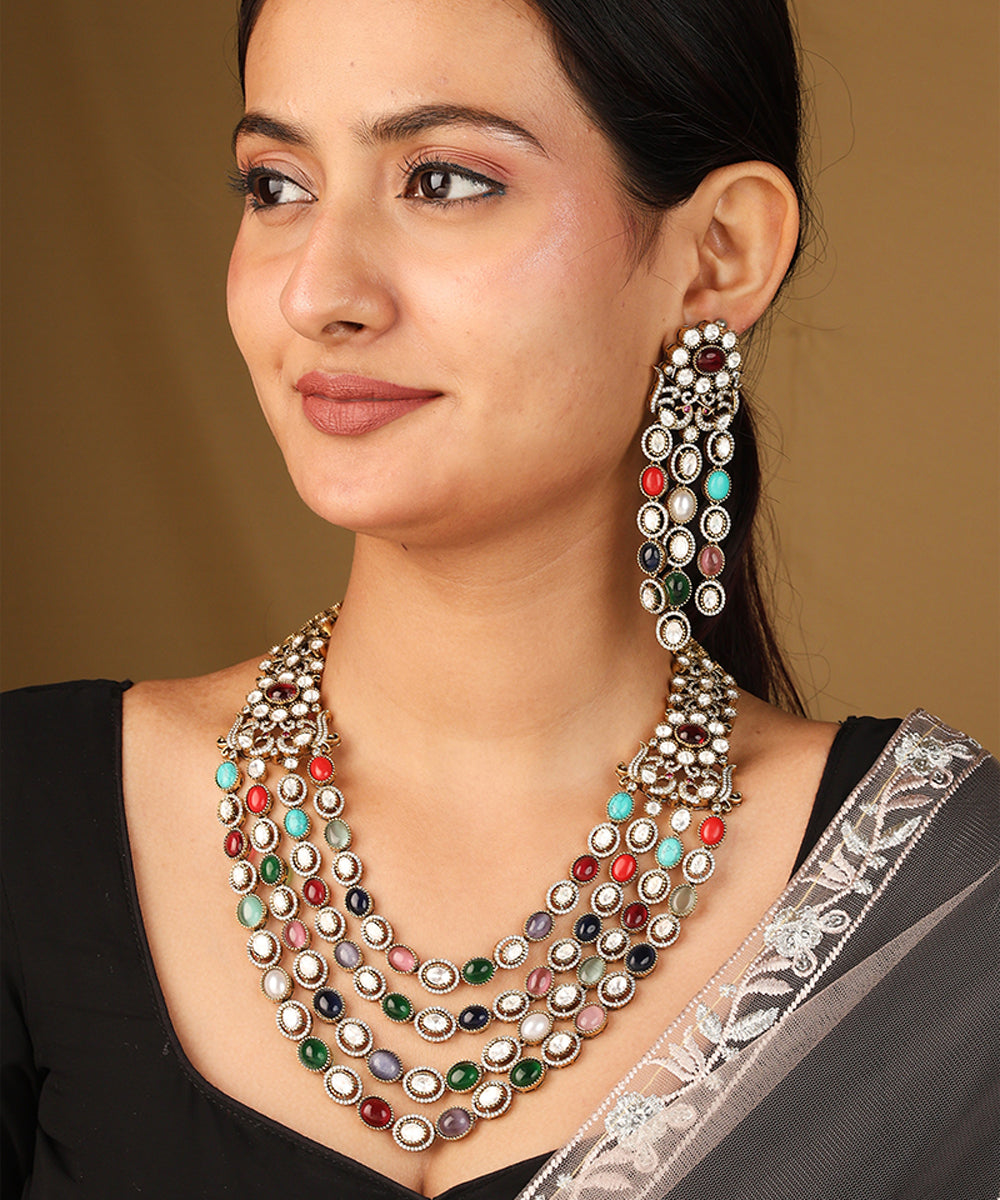 Layered Necklace with Navratan Stones Statement Piece