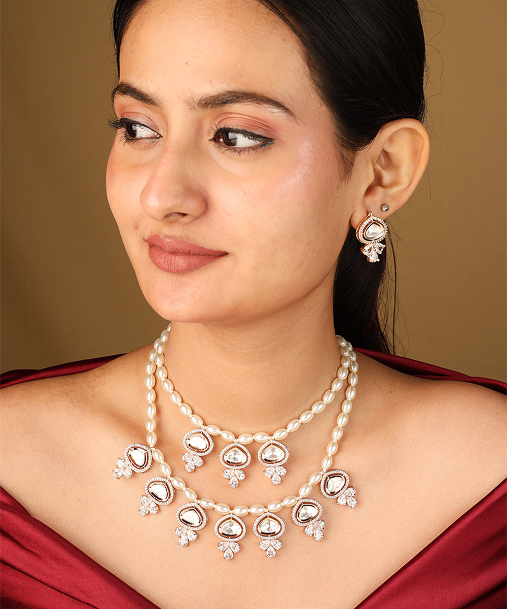 Two Layer Pearl Necklace with Kundan Stone Pendant