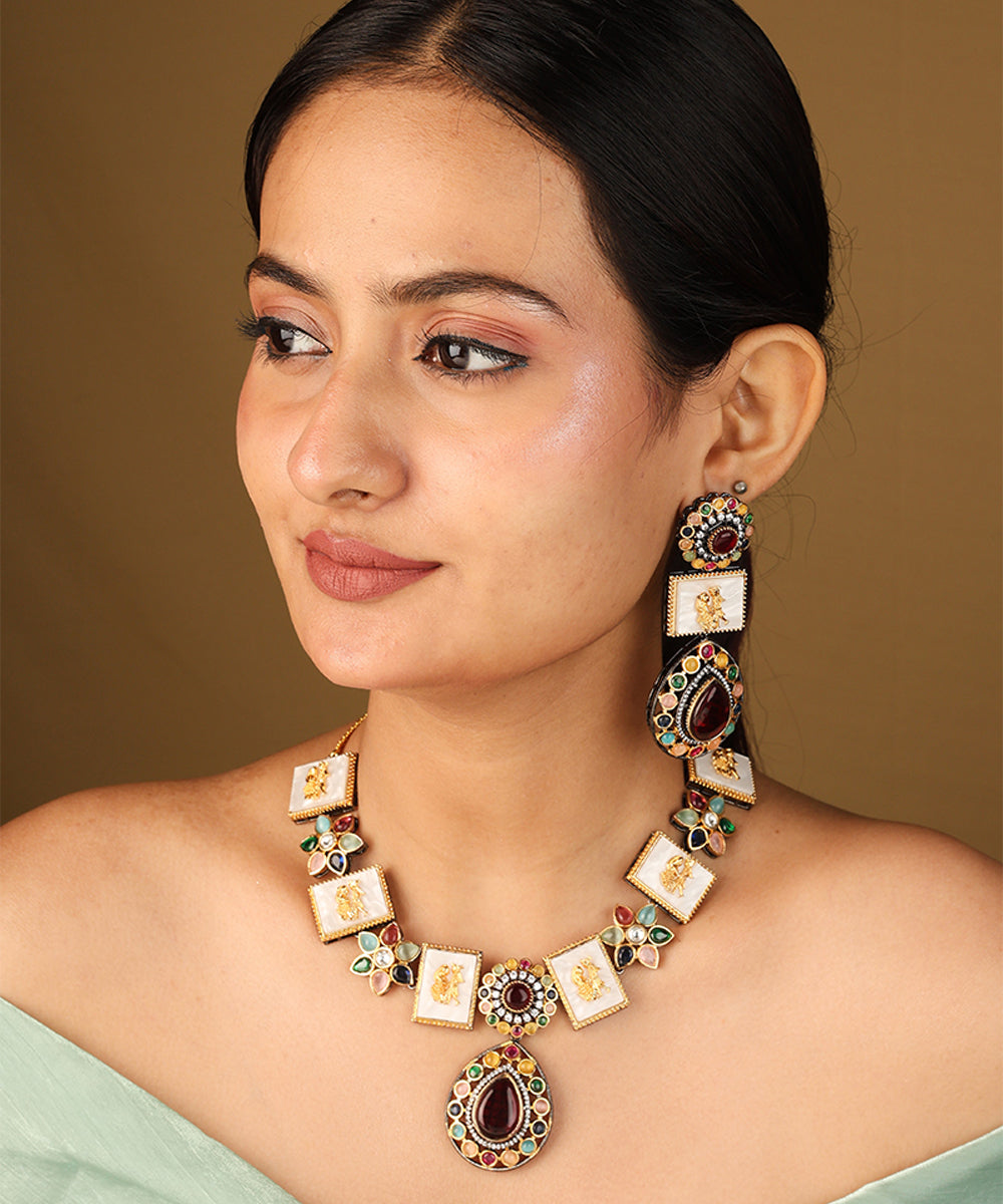 Multicolour Monalisa Stone Necklace Set with Jadau Work