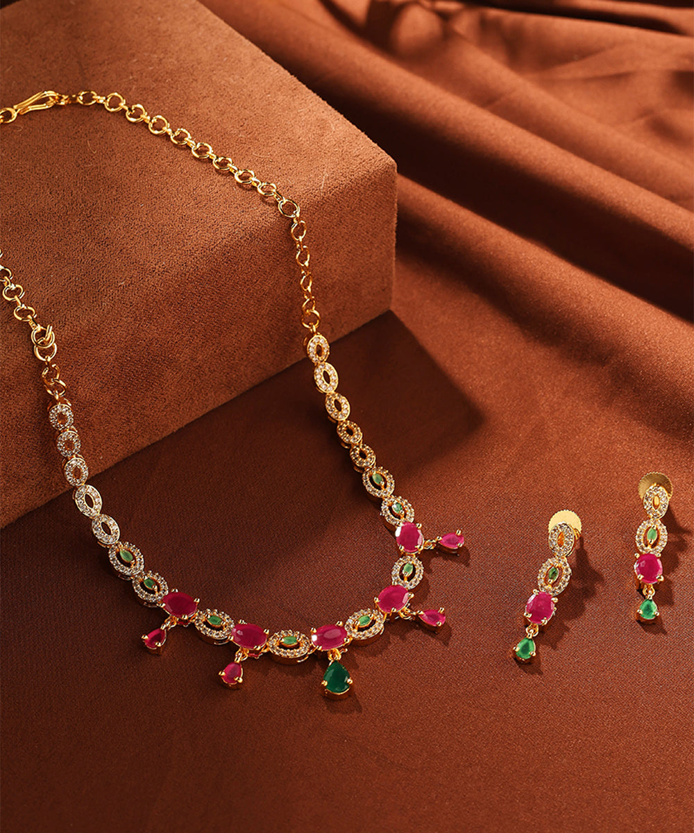 American Diamond Necklace Set with Multicolour Stones