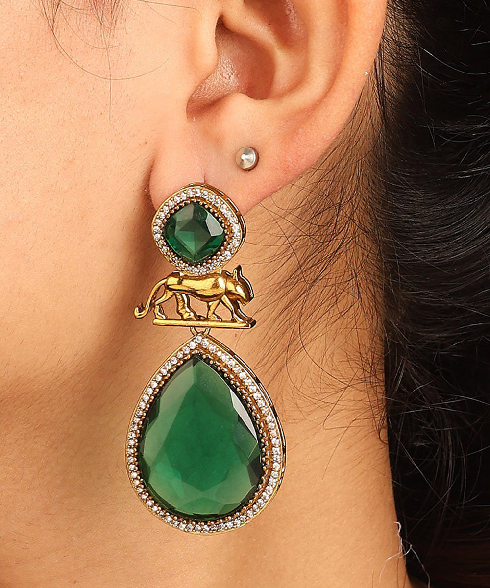 Leopard Inspired Earrings with Green Stone