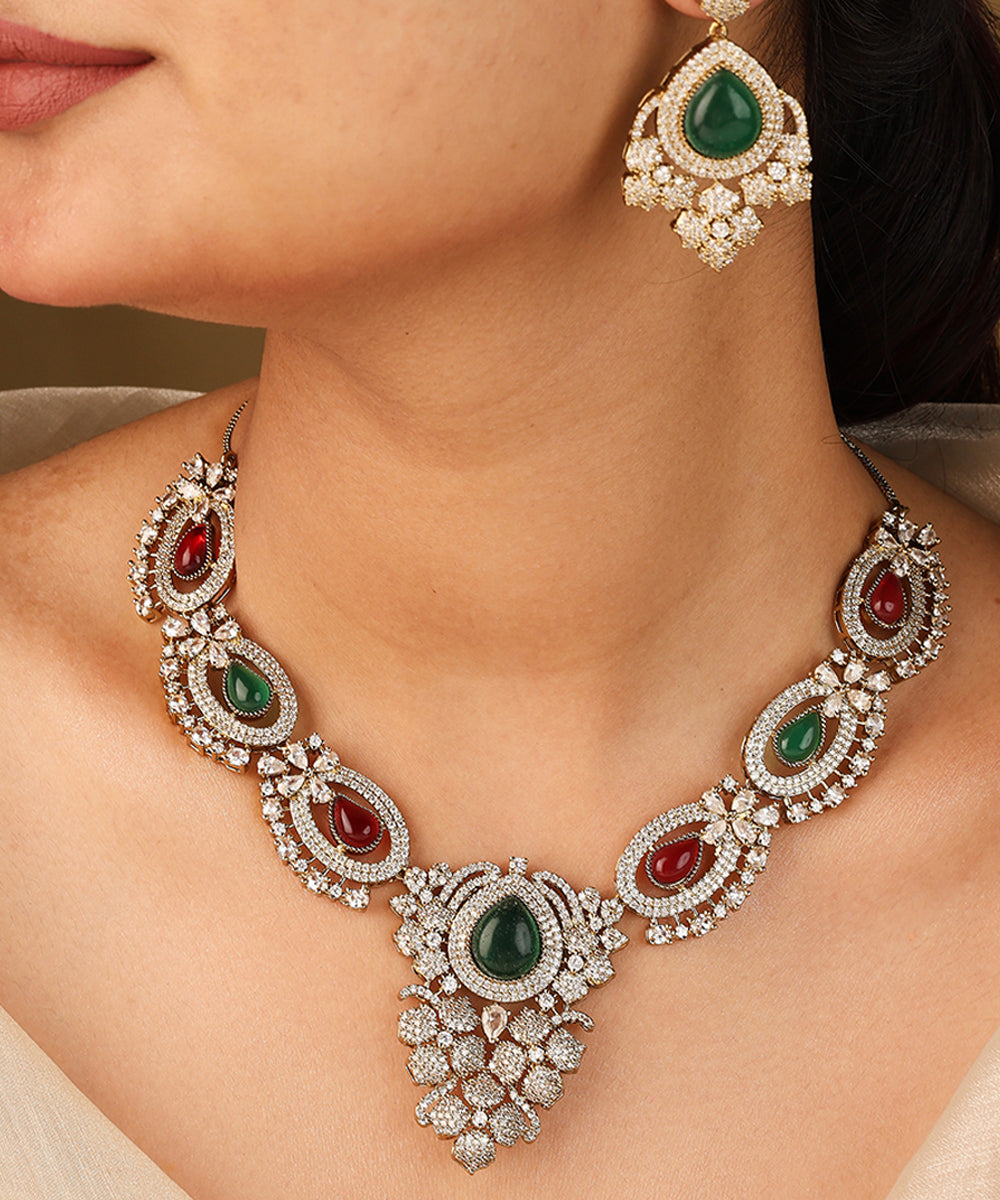 Statement Necklace Set with Red and Green Stones