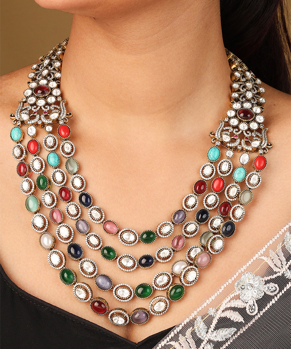 Layered Necklace with Navratan Stones Statement Piece