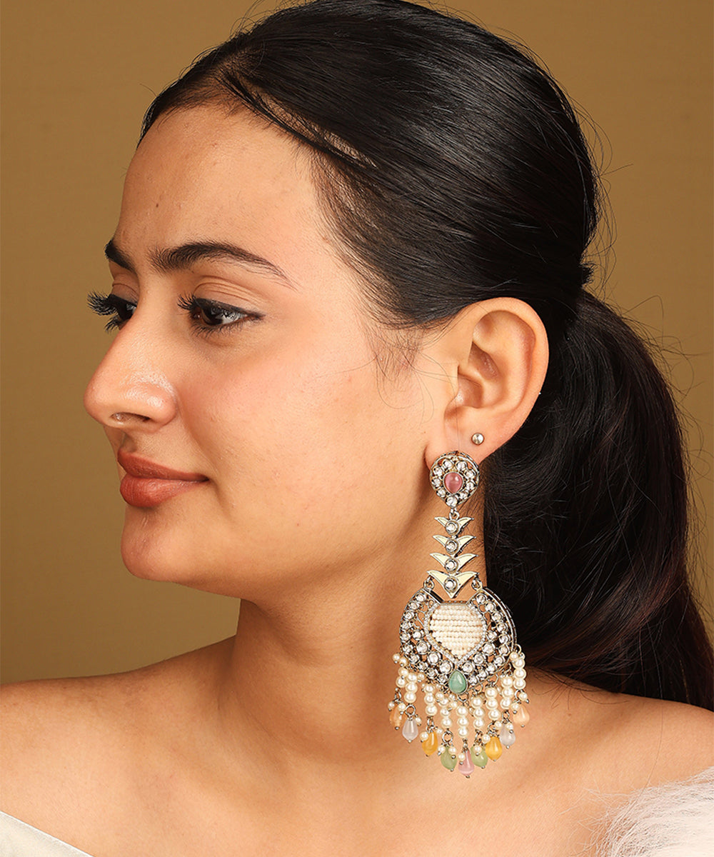 Rustic Earrings with Multicolour Stones American Diamonds and Pearl Danglers