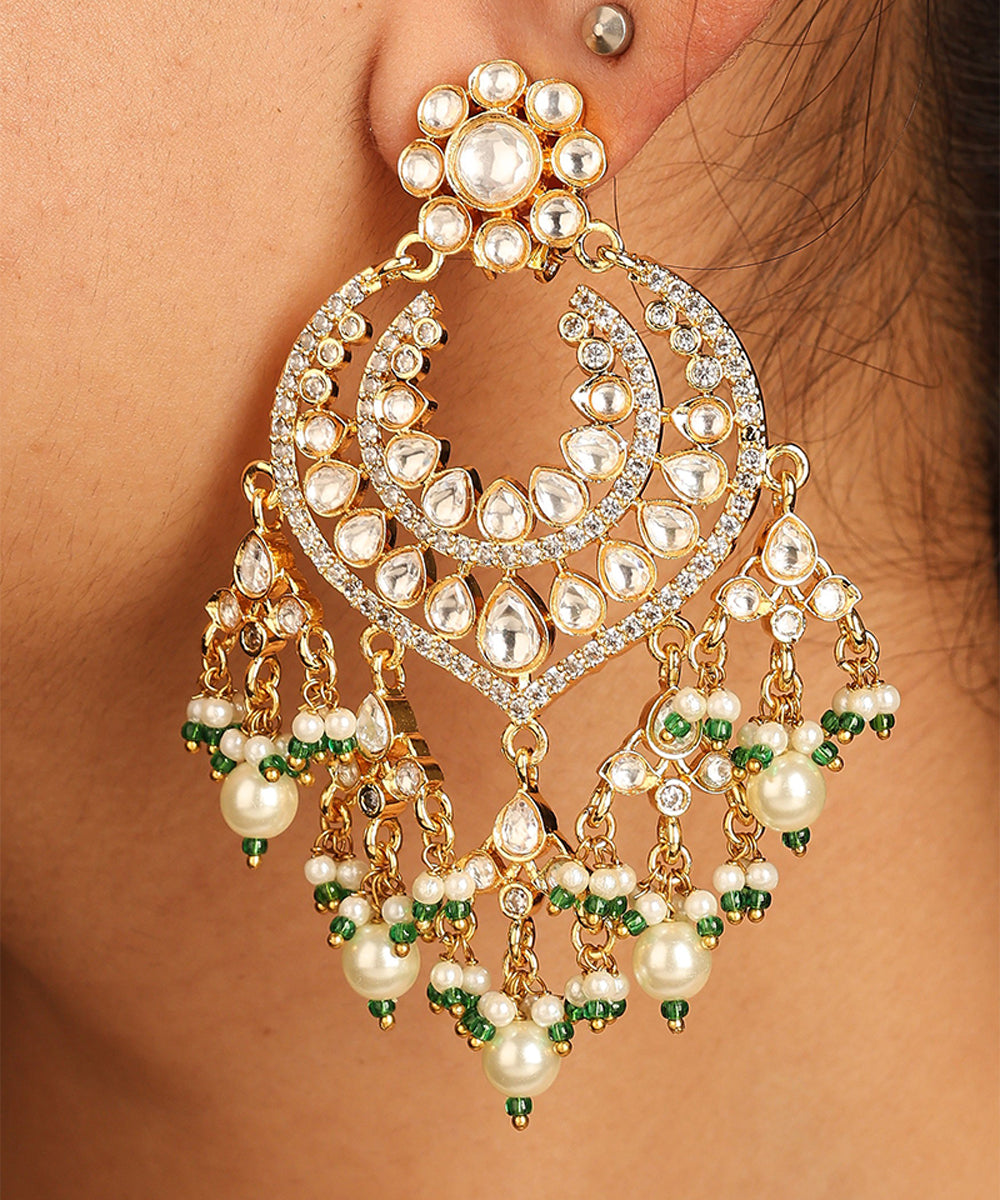 Kundan Chandbali Earrings with Pearl and Green Bead Danglers