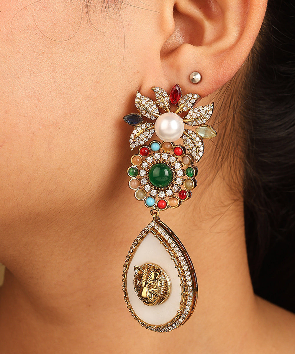 Multicoloured Statement Earrings with Pearls and Tiger Motif