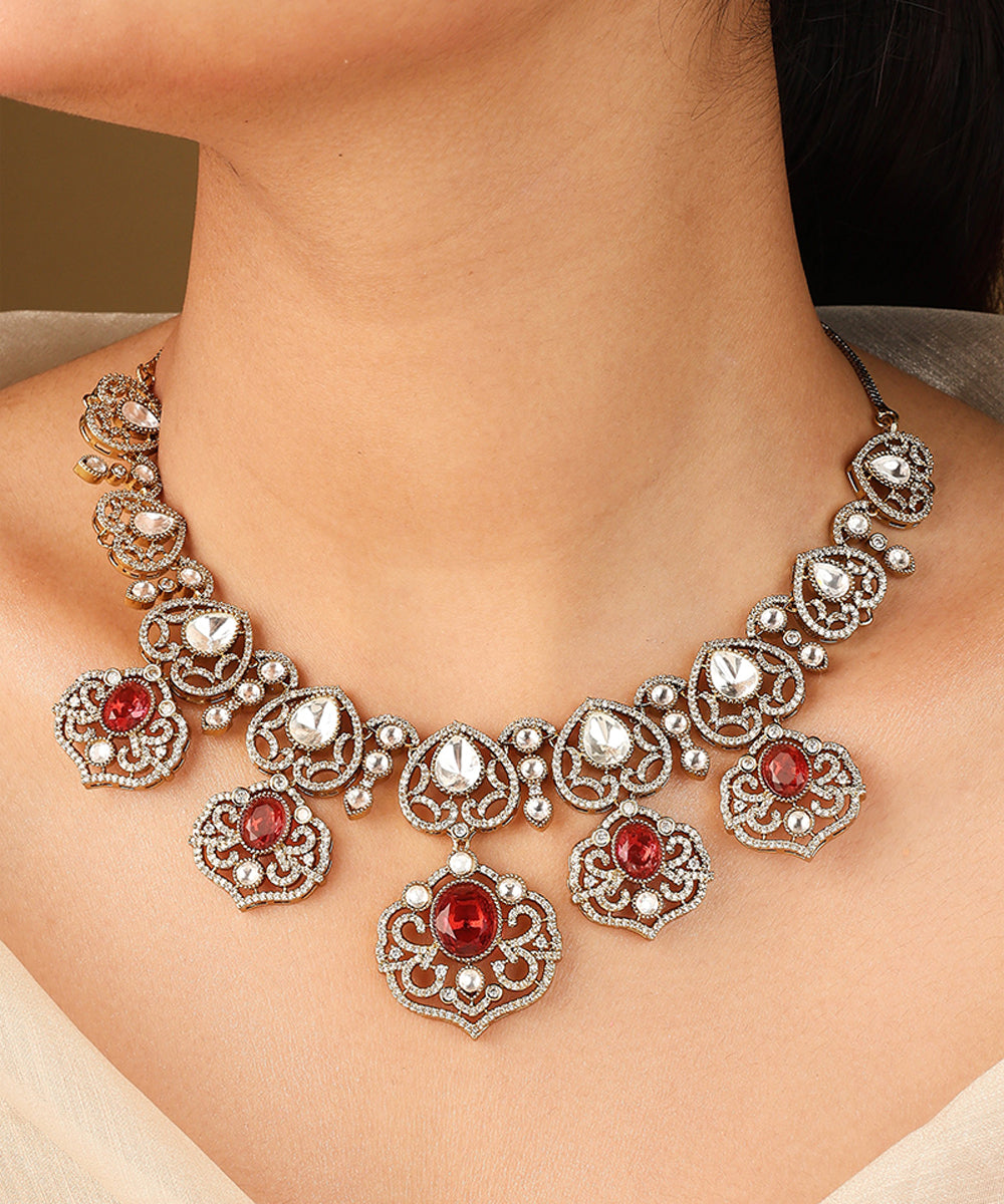 Statement Necklace Set with Red Stones and Kundan Stones