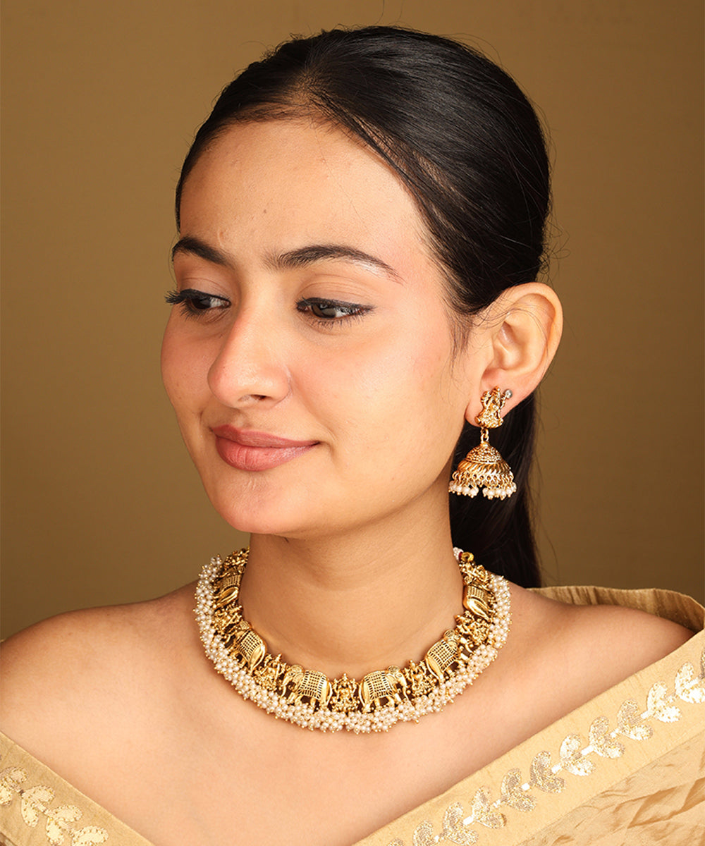 Matte Gold Elephant Motif Necklace Set with Pearls