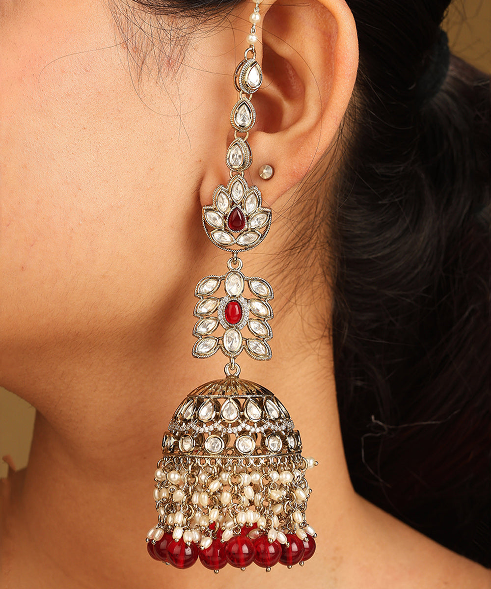 Intricate Design Jhumkas with American Diamonds and Pearls