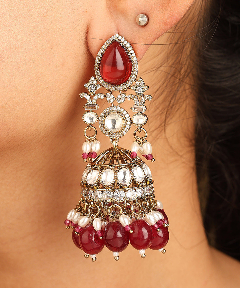 American Diamond High Neck Necklace Set with Red Stones