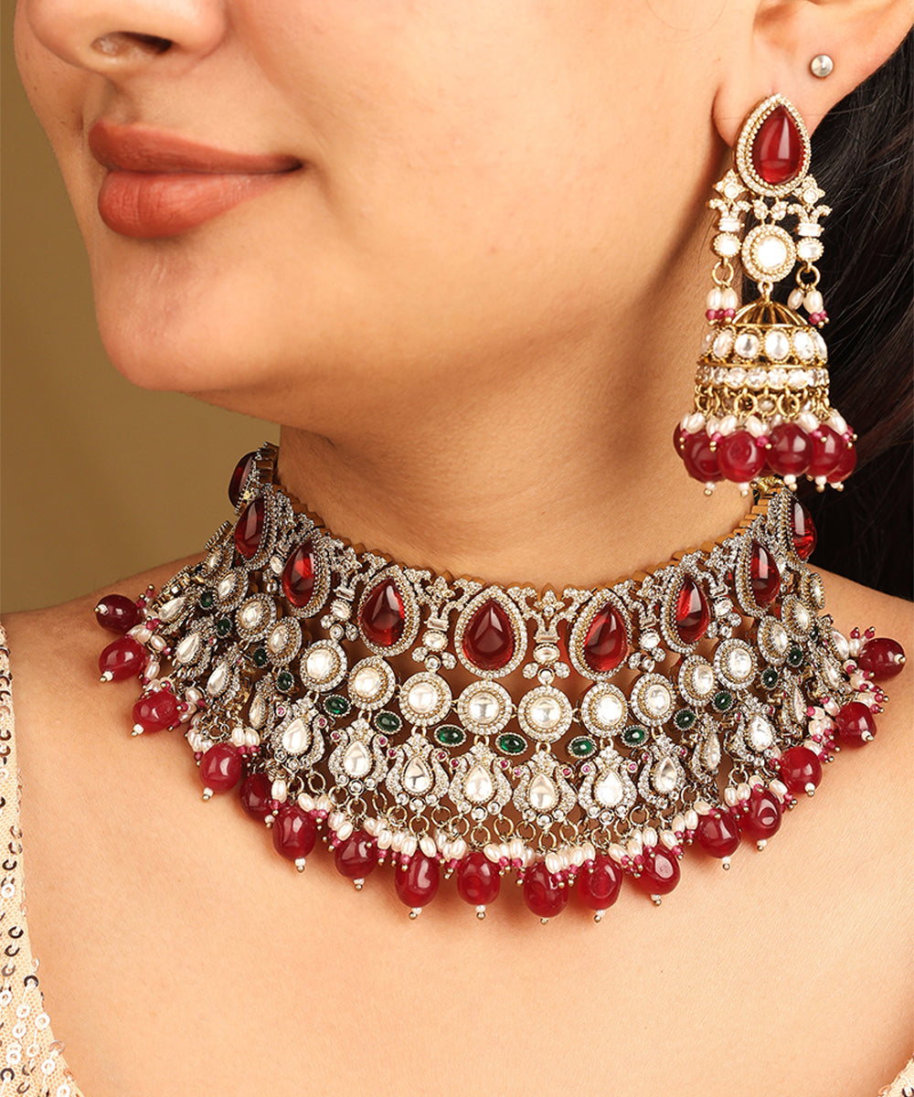 American Diamond High Neck Necklace Set with Red Stones