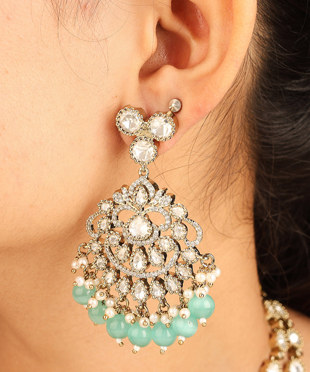 American Diamond Necklace Set with Green Beads