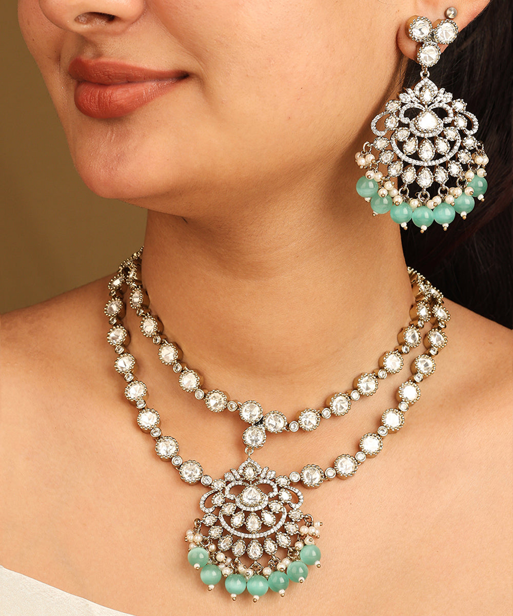American Diamond Necklace Set with Green Beads