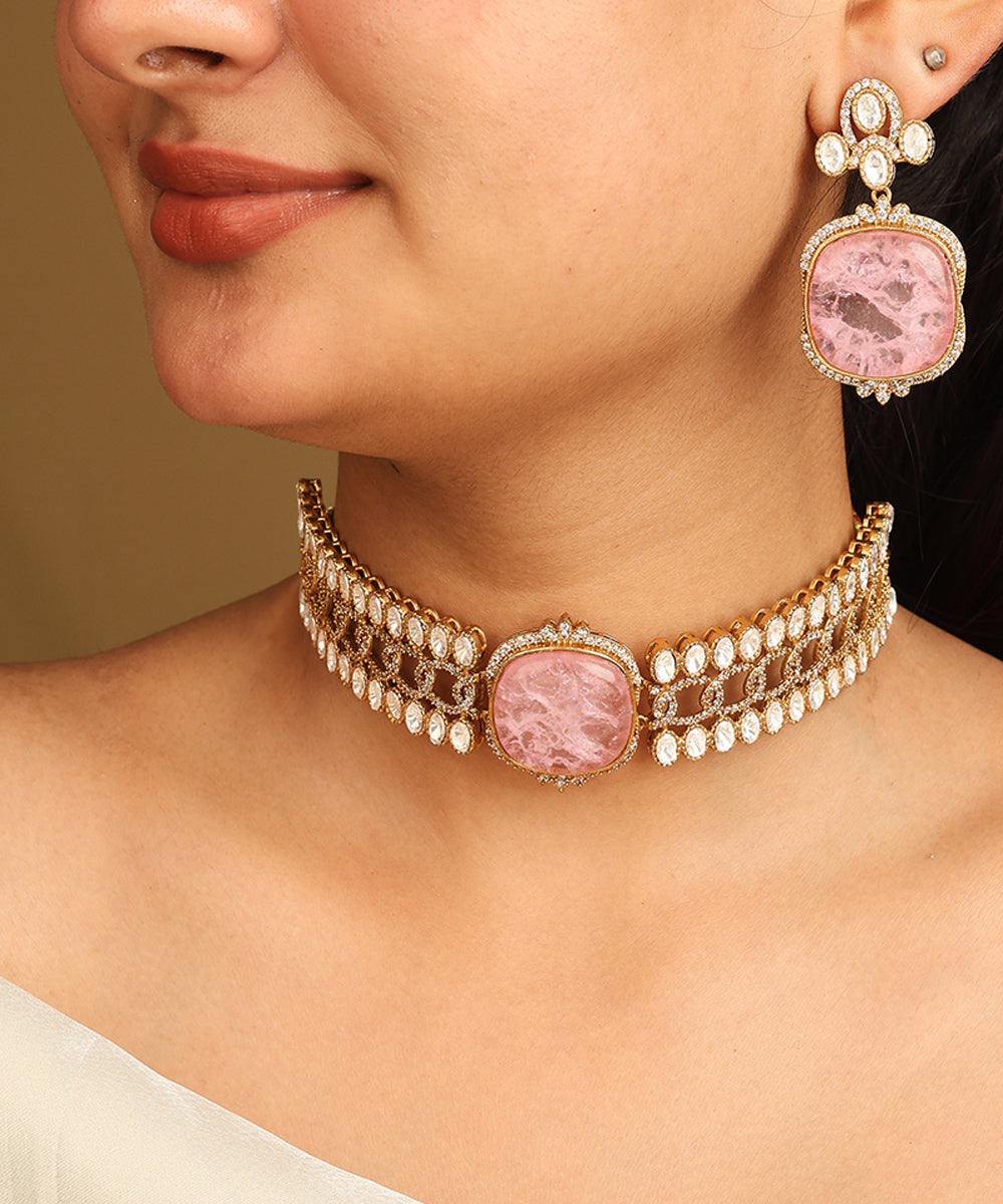 Gold American Diamond Choker Set with Large Pink Stone and Matching Earrings