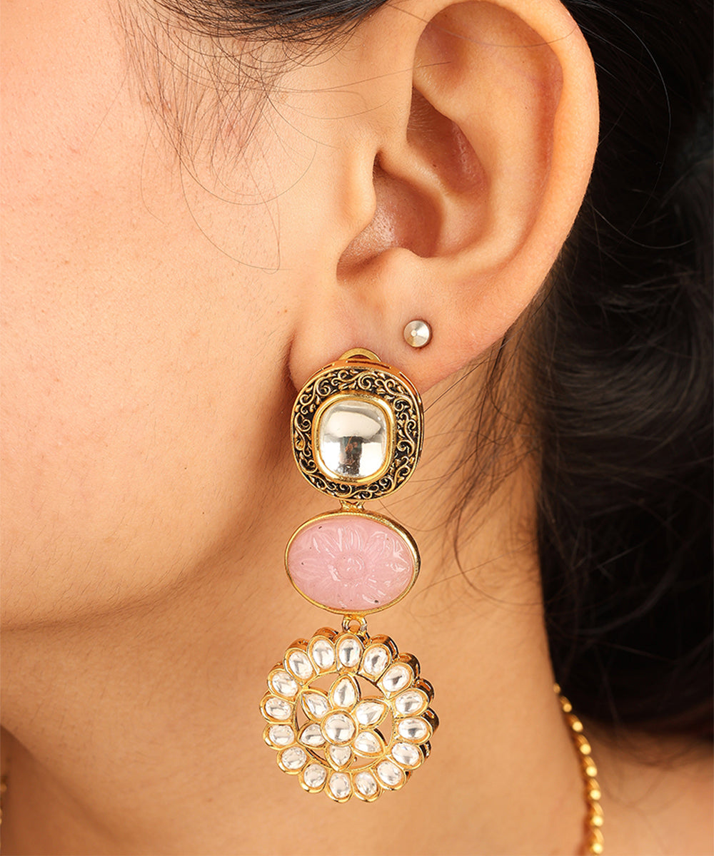 Gold Necklace Set with Stone Studded Pendant and Matching Earrings