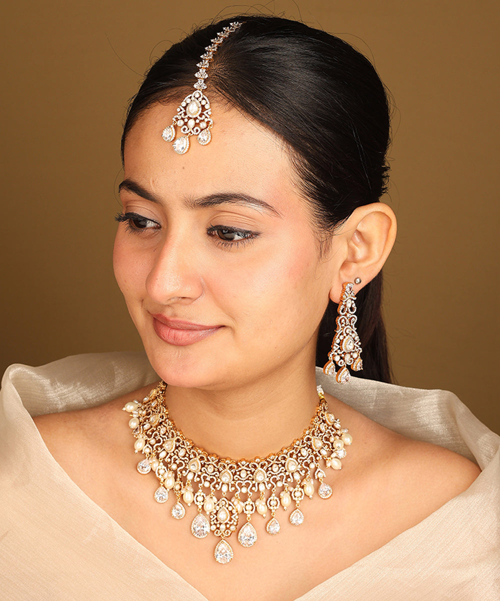 American Diamond Necklace Set with Pearl Accents