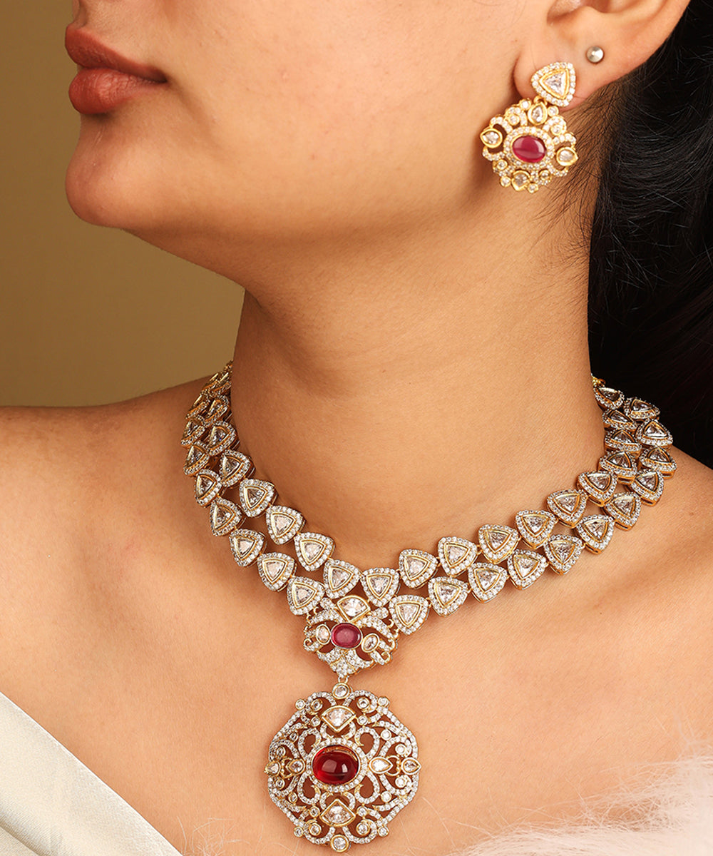 American Diamond Necklace Set with Red Accent