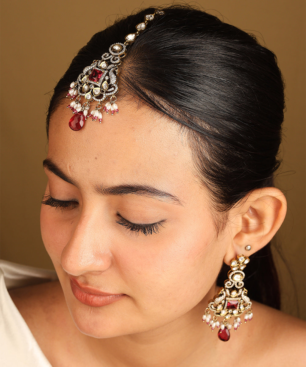 Heavy American Diamond Choker Set with Red Accents