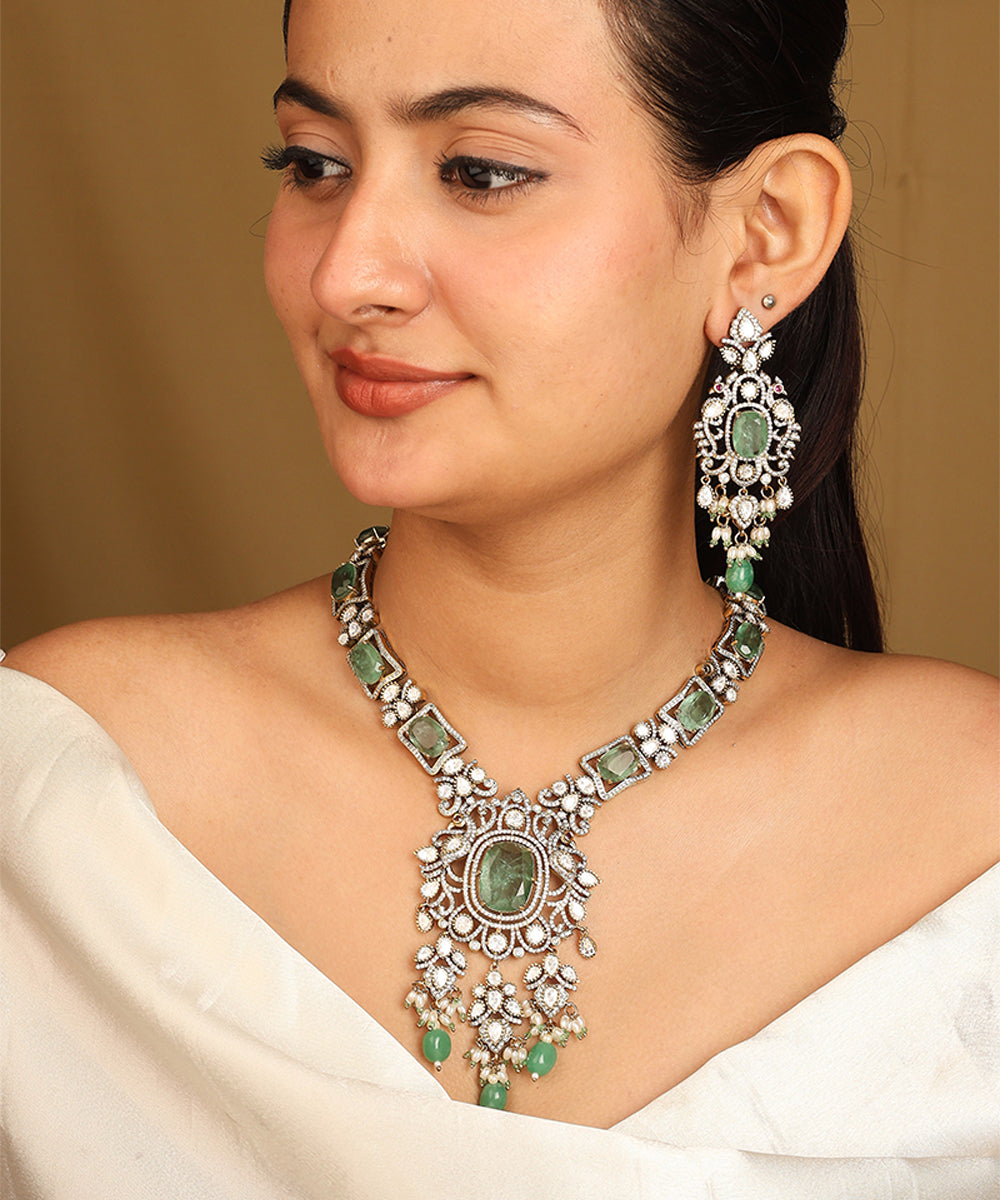 American Diamond Necklace Set with Emeralds