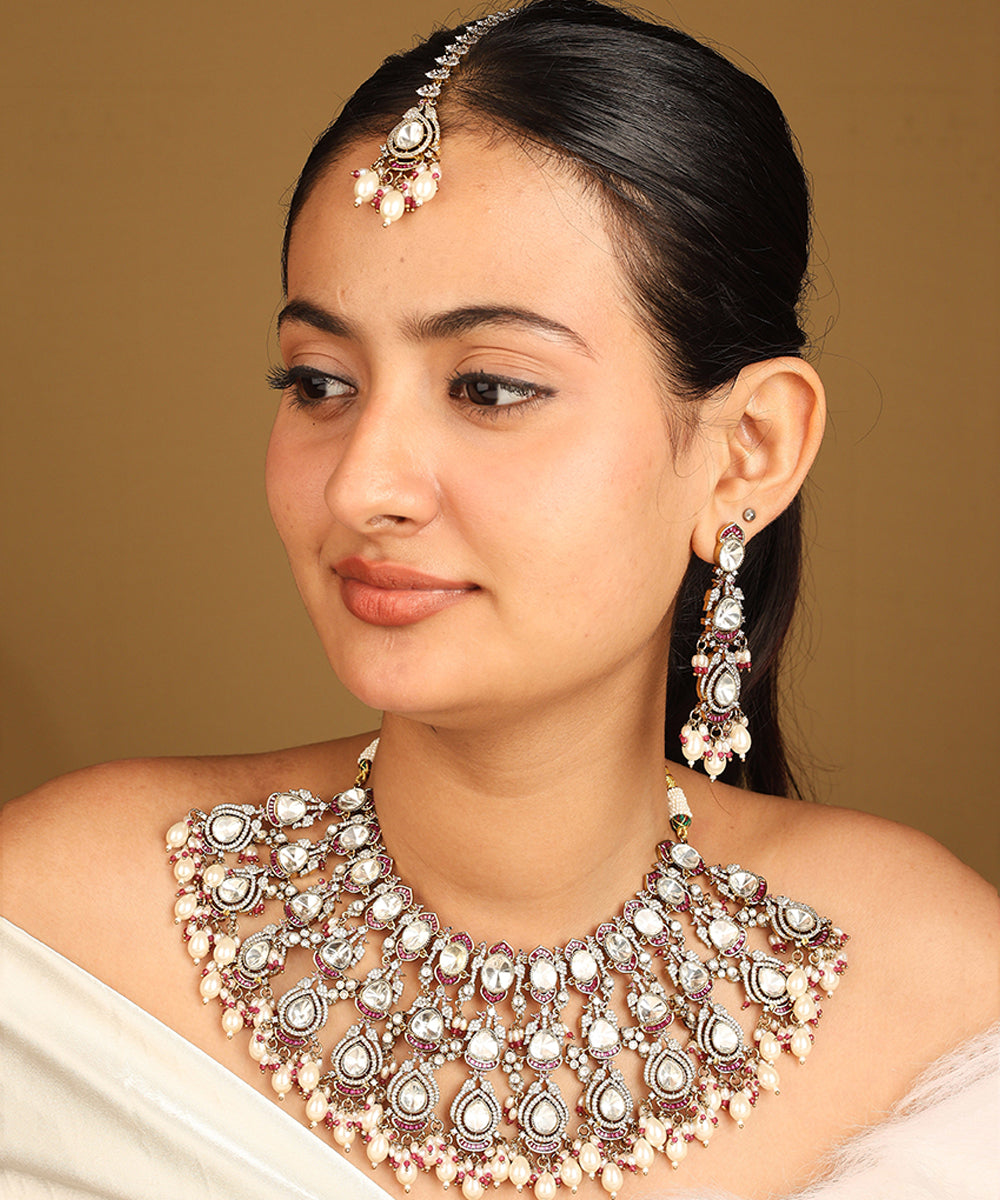 American Diamond High Neck Necklace with Pearls