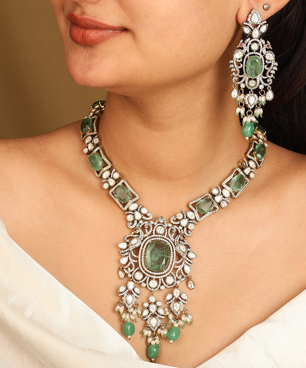 American Diamond Necklace Set with Emeralds