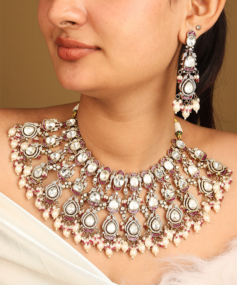 American Diamond High Neck Necklace with Pearls