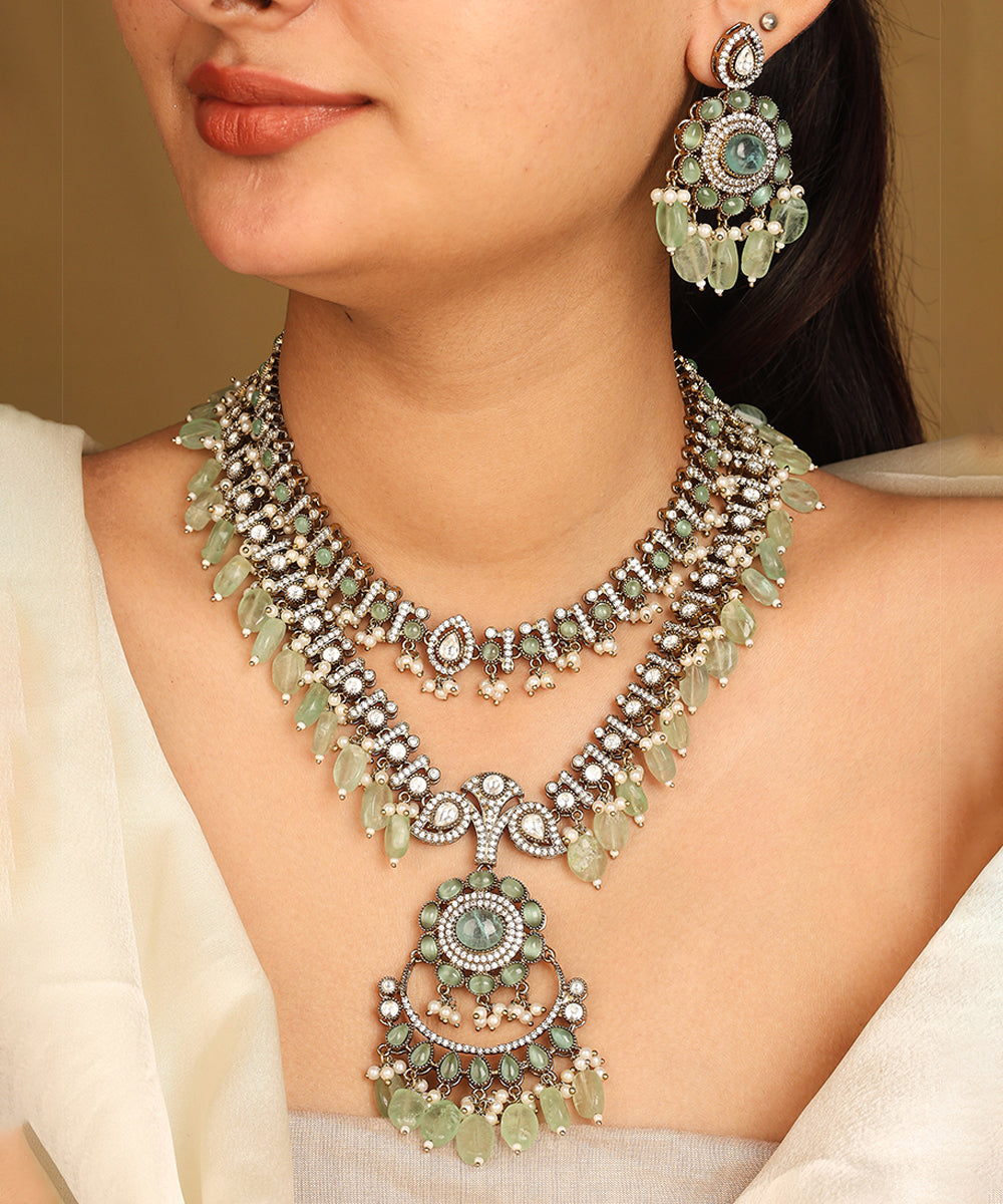 American Diamond Necklace Set with Green Stone Accents
