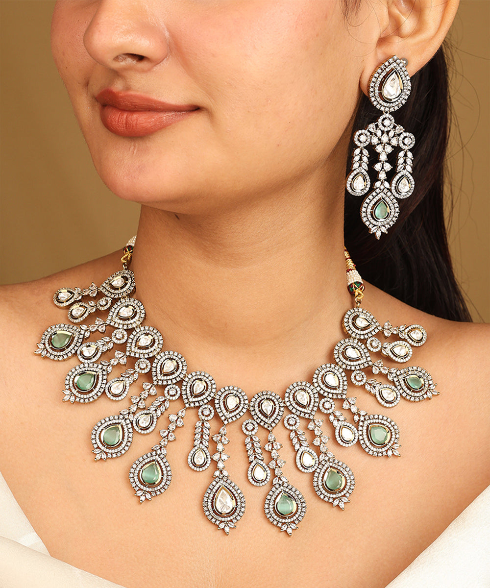 American Diamond Necklace Set with Green Stone Accents