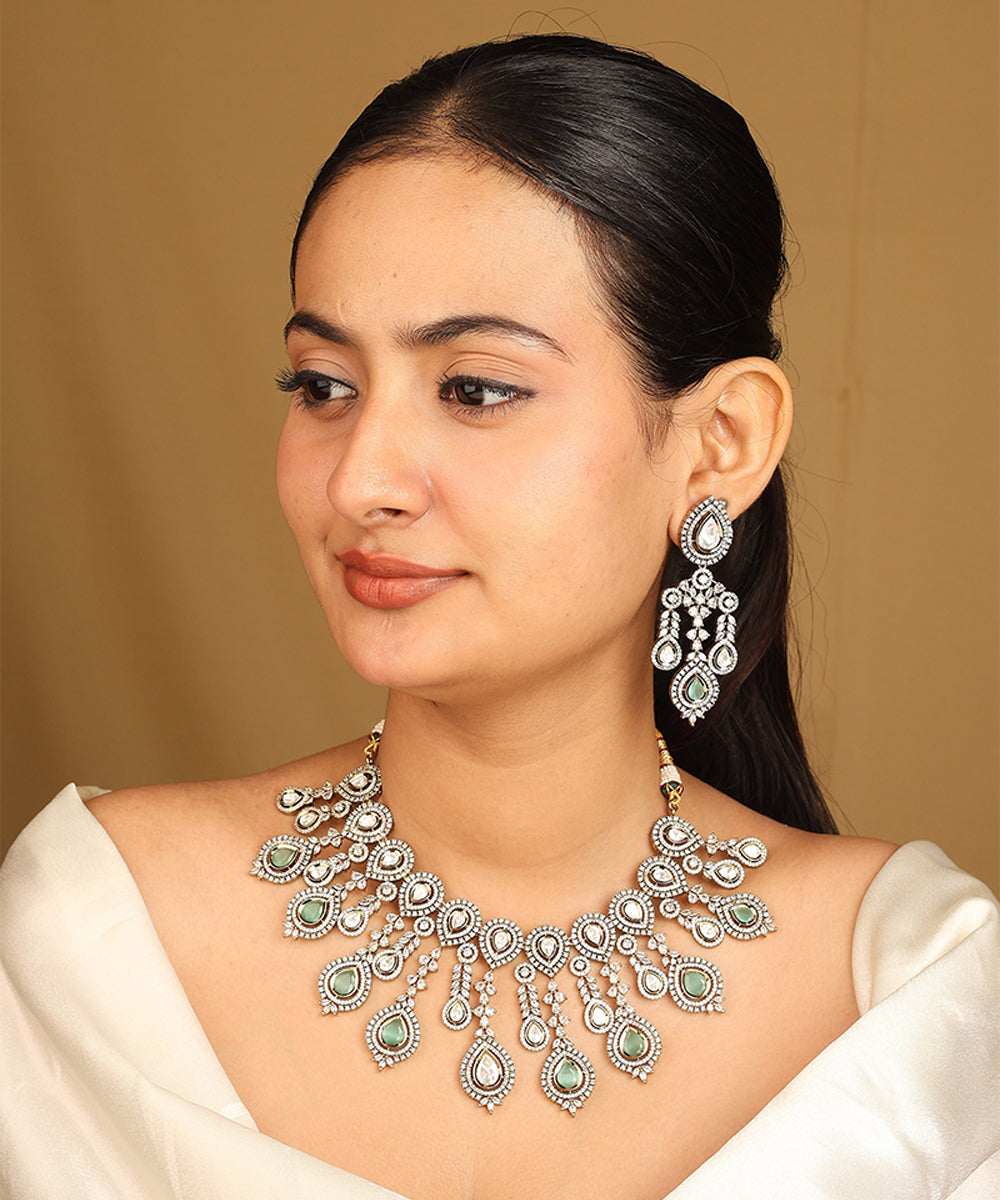 American Diamond Necklace Set with Green Stone Accents