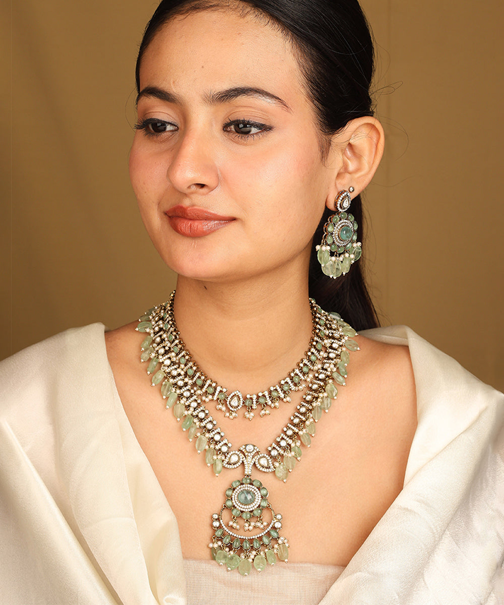 American Diamond Necklace Set with Green Stone Accents