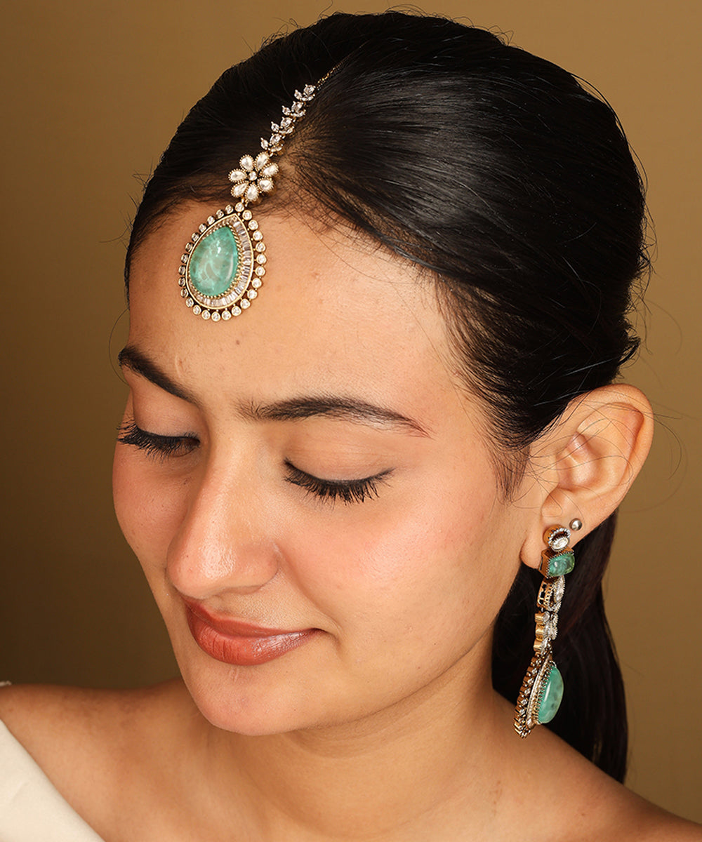 American Diamond Necklace Set with Green Stone Accents