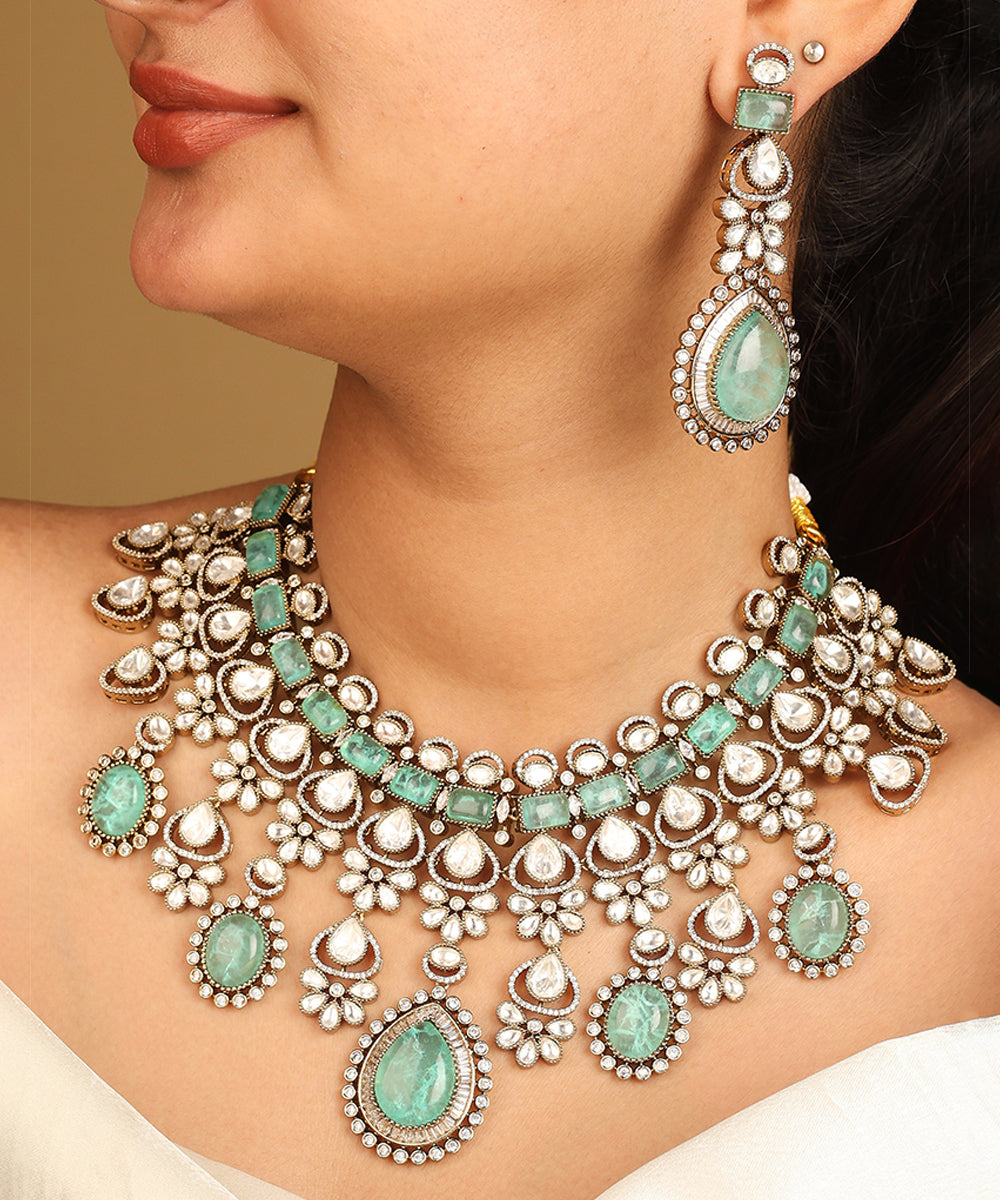 American Diamond Necklace Set with Green Stone Accents
