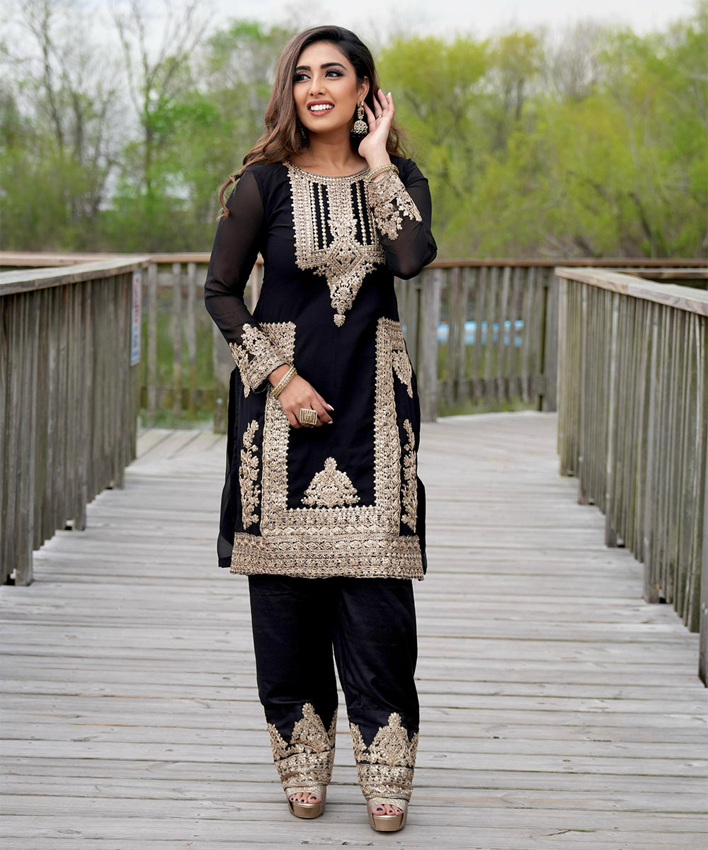 Black Sequins Work Faux Georgette Salwar Kameez