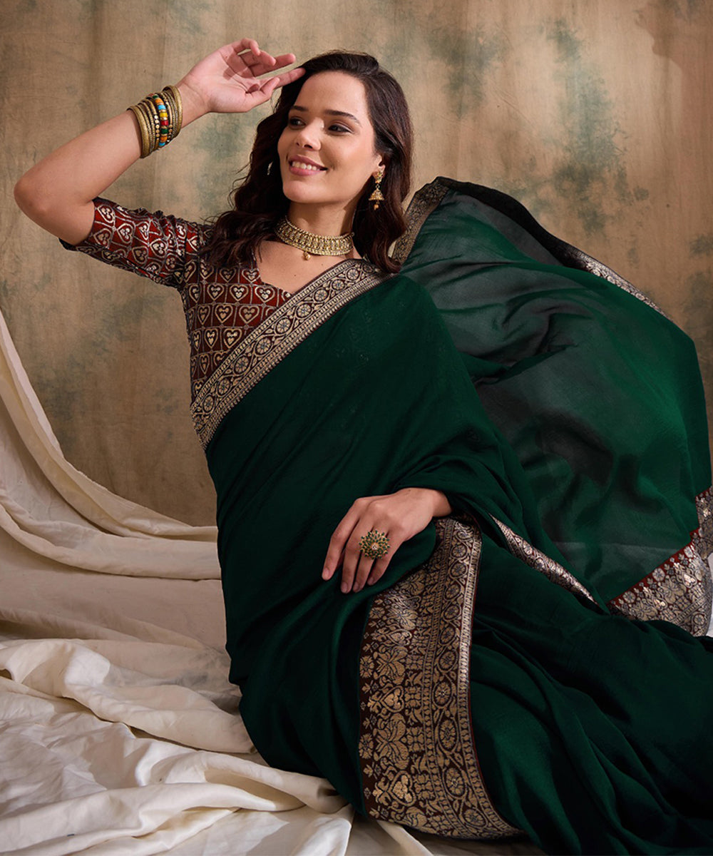 Green Saree with Unstitched Blouse for Custom Fit