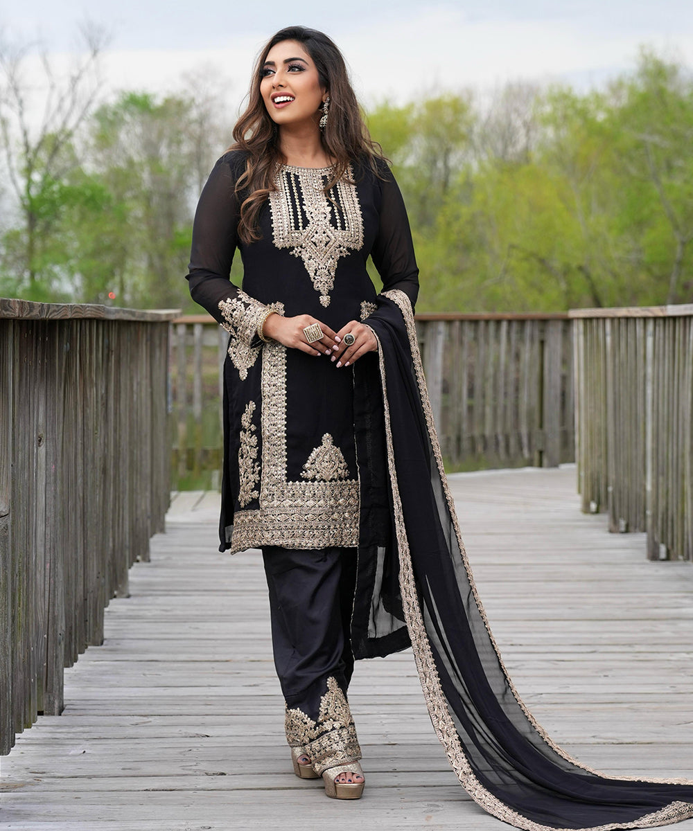 Black Sequins Work Faux Georgette Salwar Kameez