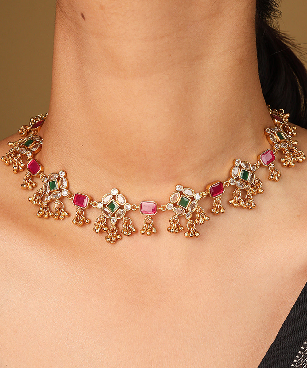 Red Stone Necklace with Curved Detailing and Matching Earrings