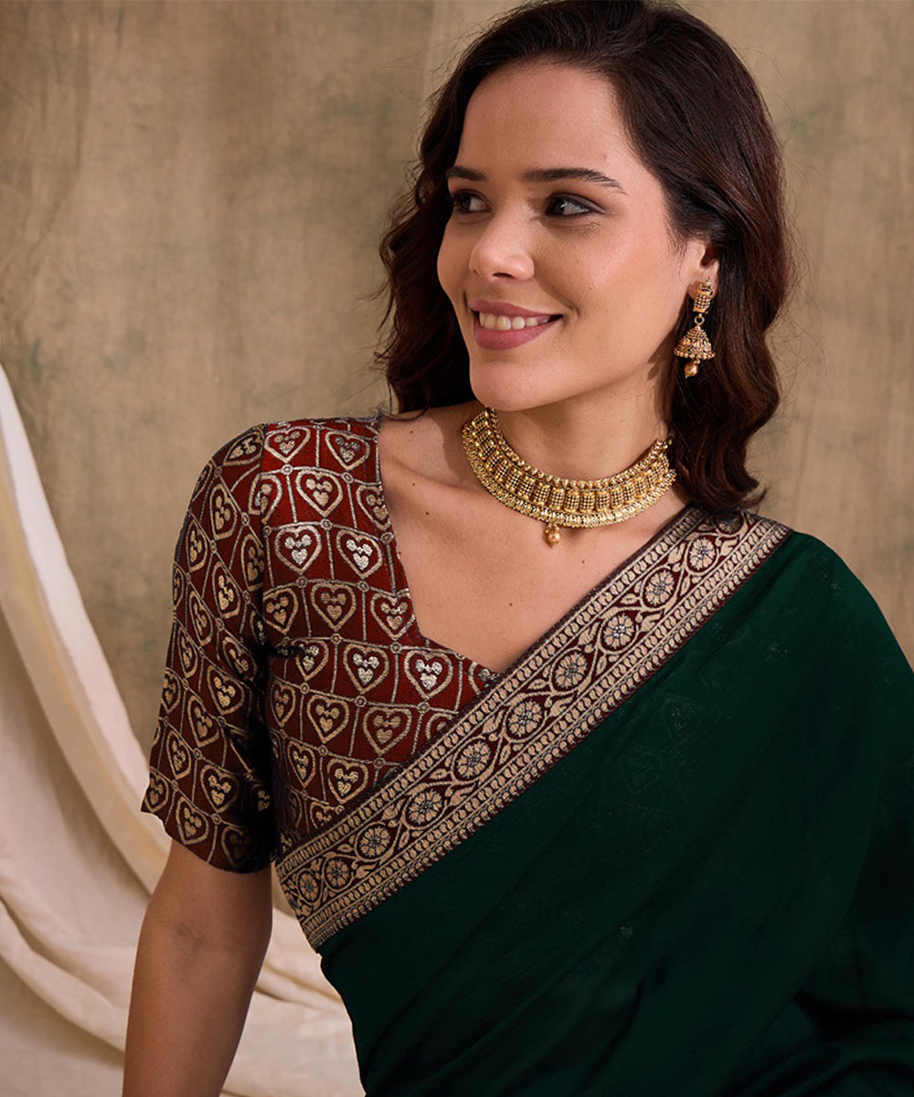 Green Saree with Unstitched Blouse for Custom Fit