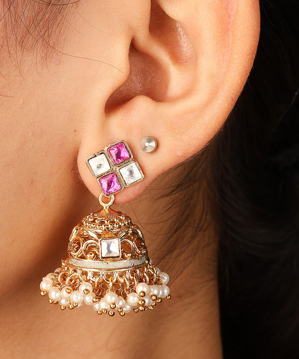 Contemporary Gold Plated Necklace with Arranged Lines and Stone Accents