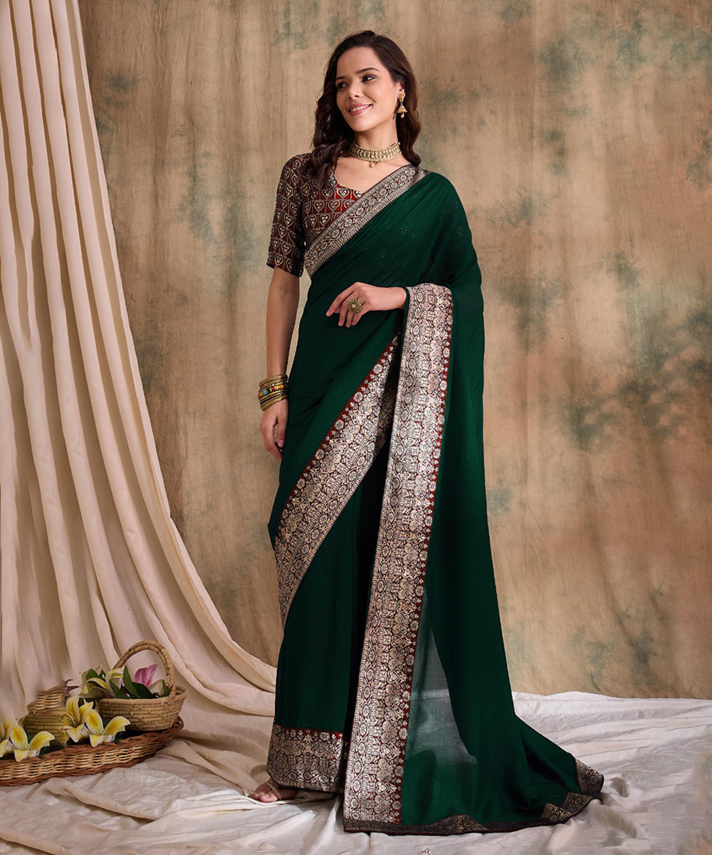 Green Saree with Unstitched Blouse for Custom Fit