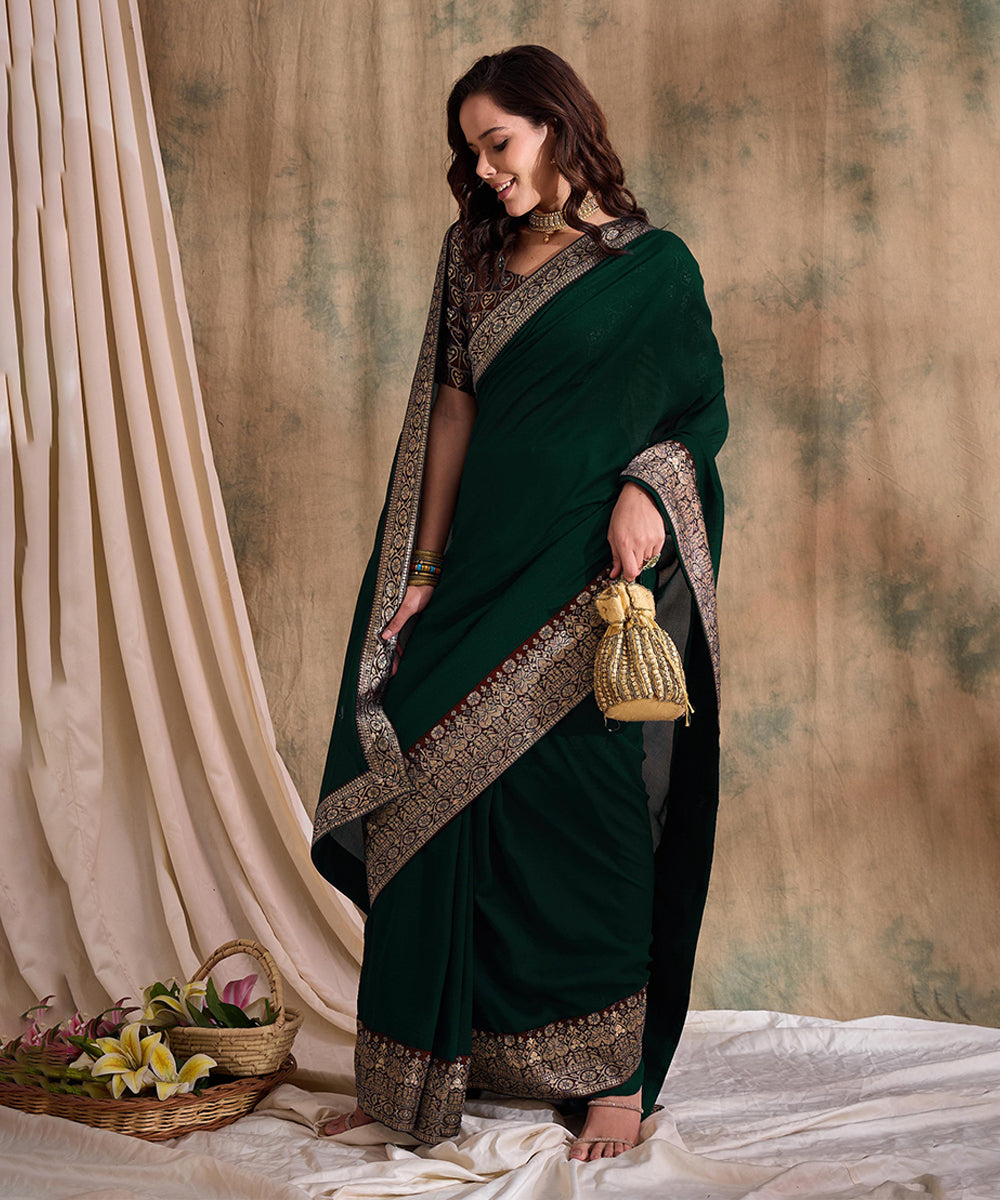 Green Saree with Unstitched Blouse for Custom Fit