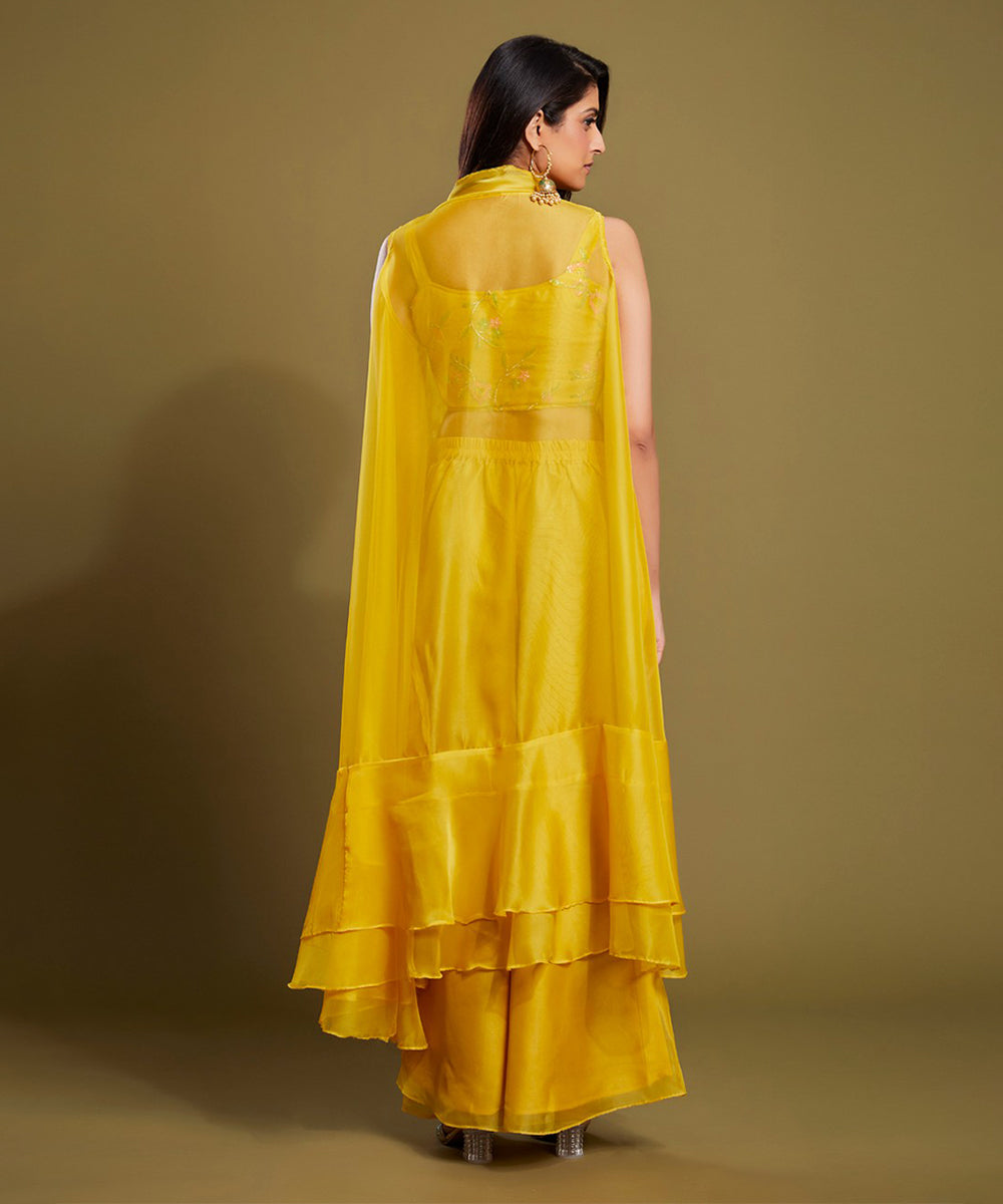 Indo Western Yellow Organza Embroidered Top with Palazzo and Jacket