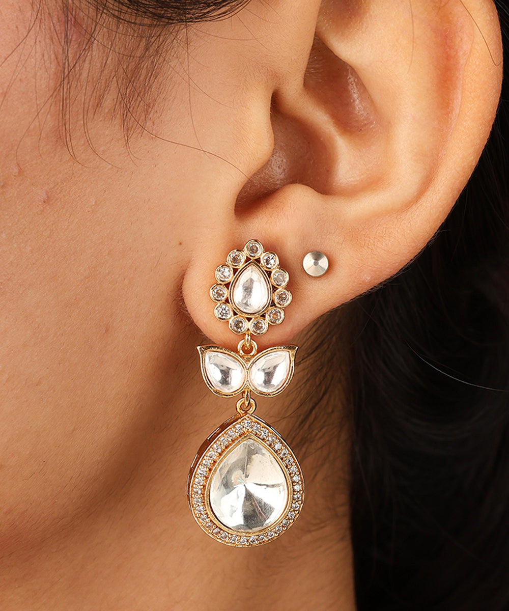 Gold Plated Necklace with Transparent Kundan Stones and Raindrop Pendant Set
