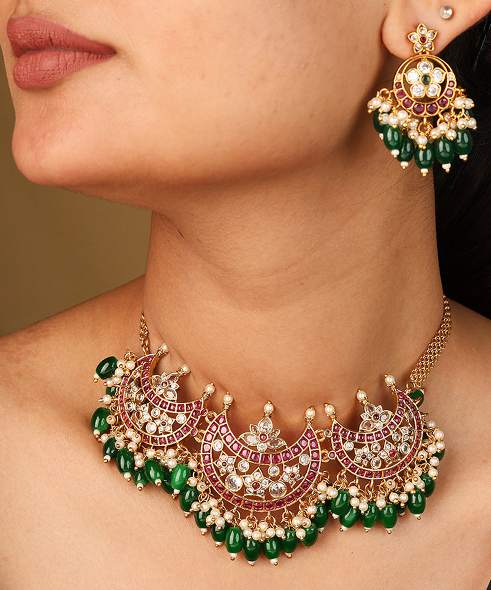Moon Shaped Pendant Necklace with Dark Green Jhumkis and Matching Earrings