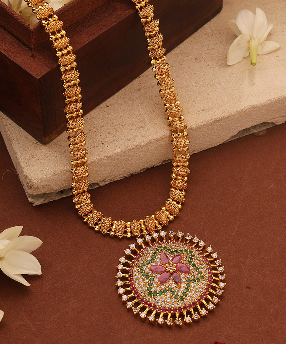 Gold Plated Necklace with American Diamond Floral Pendant