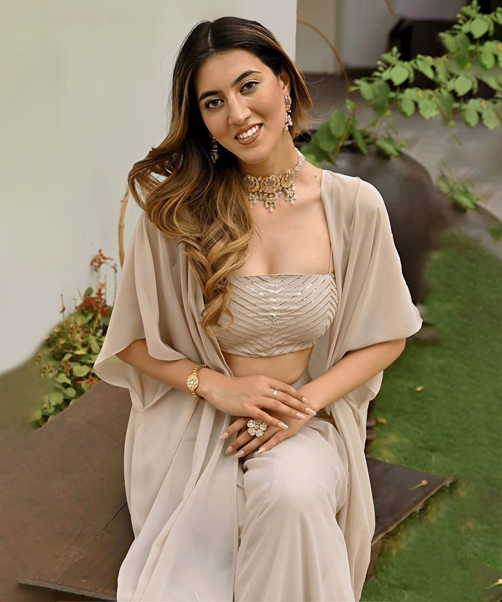 Indo Western Beige Georgette Embroidered Top with Palazzo and Jacket